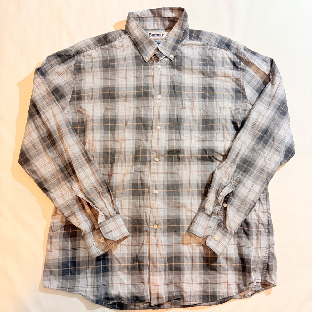 Barbour Button Down Shirt Men XL Grey Blue Plaid Tailored Fit MSH4982TN86